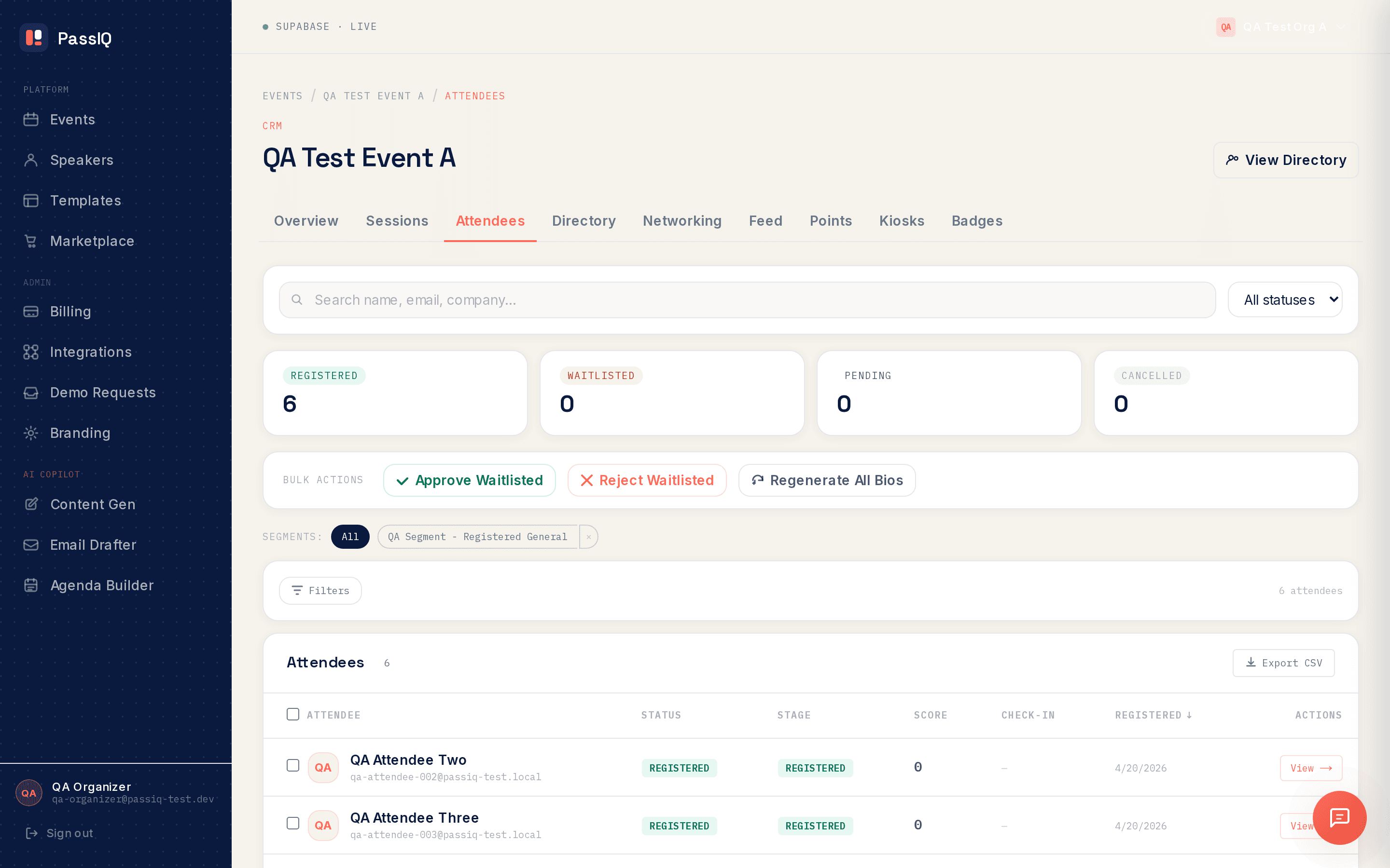 Attendee CRM screen with segments and statuses