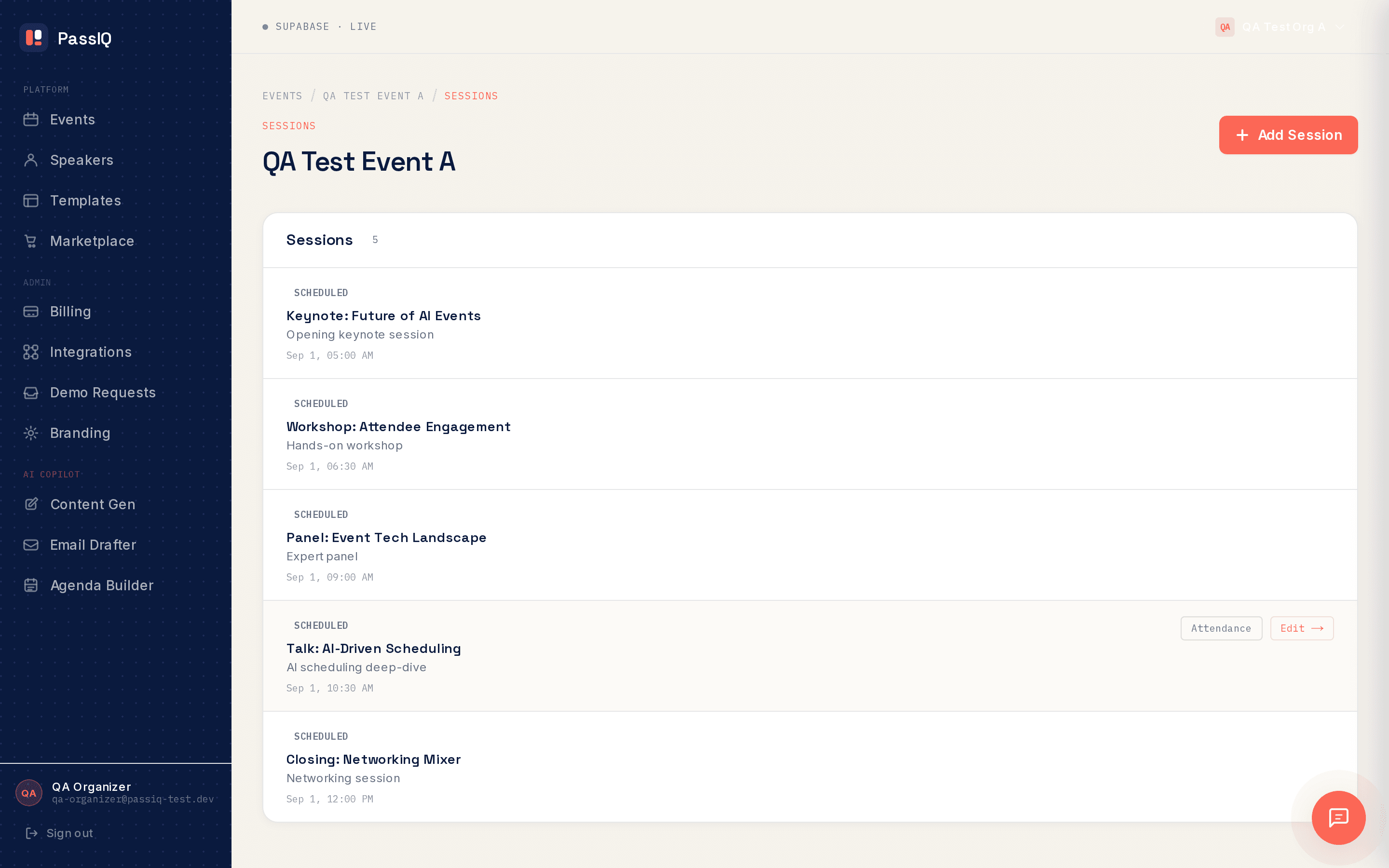 Session management screen